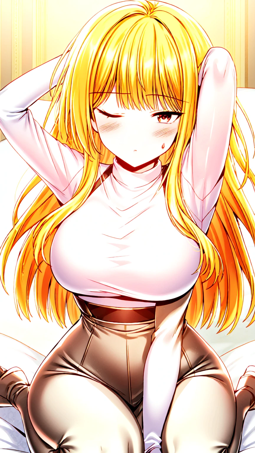beautiful, masterpiece, best quality, extremely detailed face, perfect lighting, masterpiece, best quality, 1girl, blush, alice \(seka\), closed mouth, one eyes closed, large breasts, arm up, arm behind head, sitting, wariza, on bed, looking at viewer