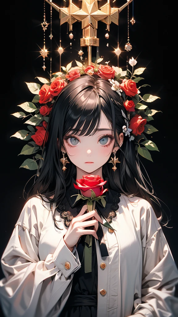 ((masterpiece, Highest quality)),Best aesthetics,One girl, alone, Beautiful eyes in every detail, Long Hair, Black Dress, flower, ribbon, Black background, Black Hair, Rose, hair ribbon, Green Eyes, Long sleeve, white Rose, black ribbon, Upper Body, Cinema Lighting