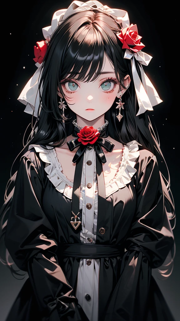 ((masterpiece, Highest quality)),Best aesthetics,One girl, alone, Beautiful eyes in every detail, Long Hair, Black Dress, flower, ribbon, Black background, Black Hair, Rose, hair ribbon, Green Eyes, Long sleeve, white Rose, black ribbon, Upper Body, Cinema Lighting