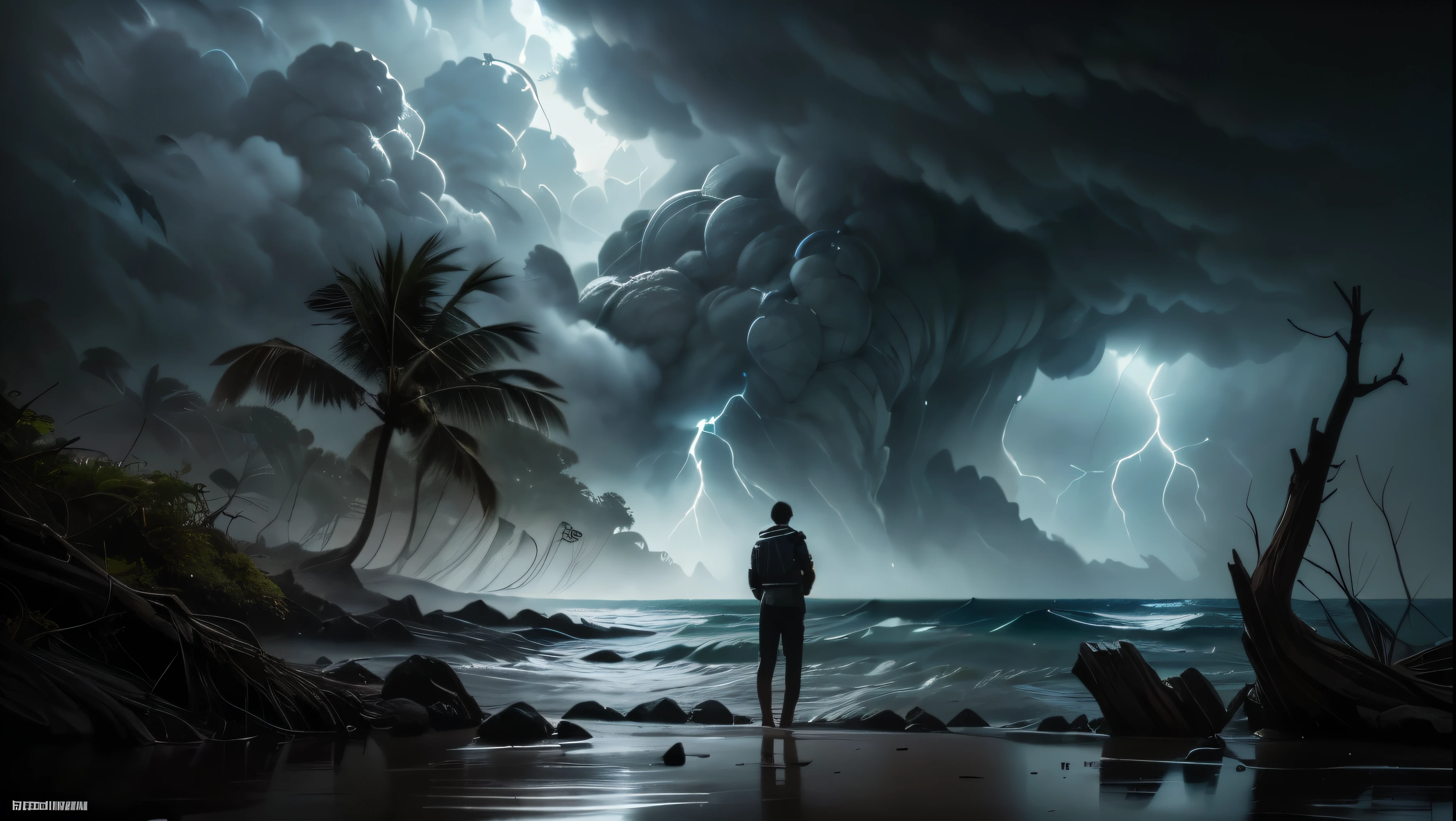 A highly detailed, cinematic, photorealistic scene of the final shot from the film "The Island of Dr. Moreau", a dramatic and suspenseful tropical landscape with dense lush foliage, twisted mangrove trees, a gloomy sky with stormy clouds, a secluded beach with crashing waves, a lone figure standing amidst the eerie environment, an atmosphere of mystery and unease, ultra-detailed, 8k, hyper-realistic, masterpiece, intricate lighting and shadows, muted color palette, a sense of isolation and unease