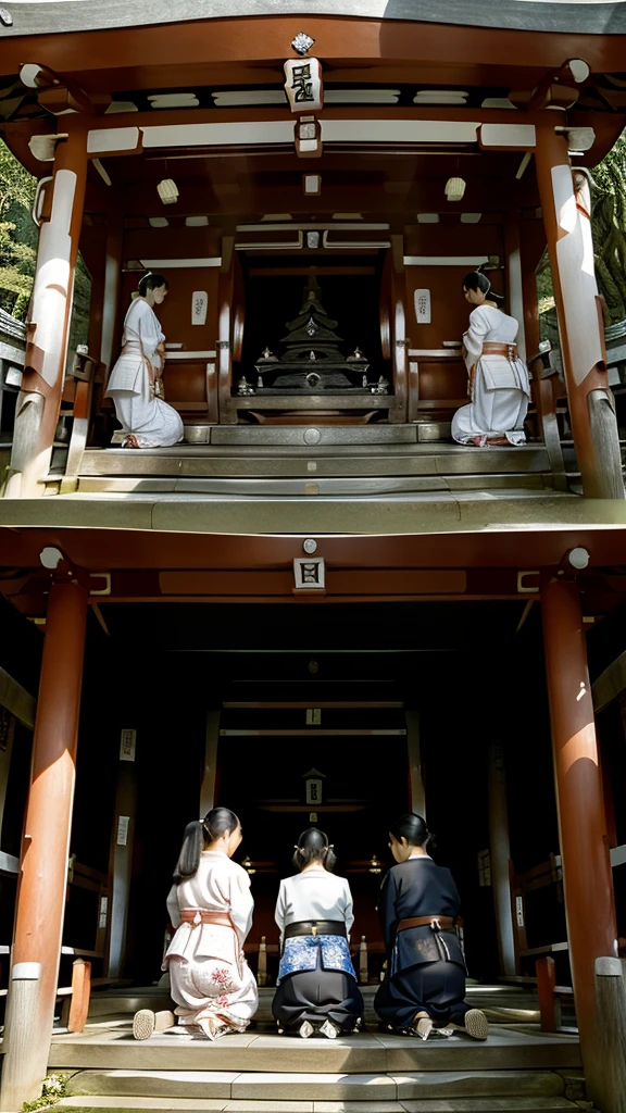 Highest quality、People praying in front of a Japanese shrine