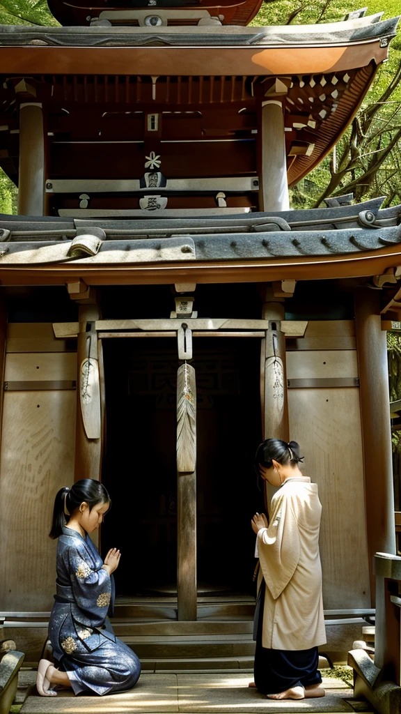 Highest quality、People praying in front of a Japanese shrine