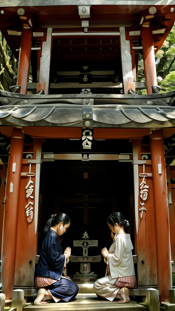 Highest quality、People praying in front of a Japanese shrine