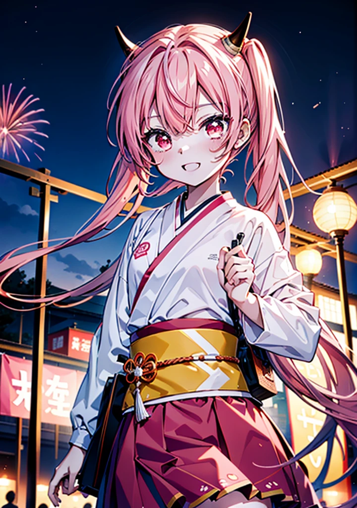 Aria h kanzaki,horn,Pink Hair,Long Hair,low 　Twin tails,小さいhorn,Red eyes,happy smile, smile, Open your mouth,pink kimono,Thick sleeves,Long skirt,日本のfestival,夏festivalの屋台,Red Lantern,night,night空のfirework,firework,場所はfirework大会,時間はnightです,sunny day,　　　　　　　　　　　　　　　  　　　　　break looking at viewer, Upper Body, (Cowboy Shot:1. 5),  　　　　　
break outdoors, festival,shrine,
break (masterpiece:1.2), Highest quality, High resolution, unity 8k wallpaper, (shape:0.8), (Beautiful attention to detail:1.6), Highly detailed face, Perfect lighting, Highly detailed CG, (Perfect hands, Perfect Anatomy),