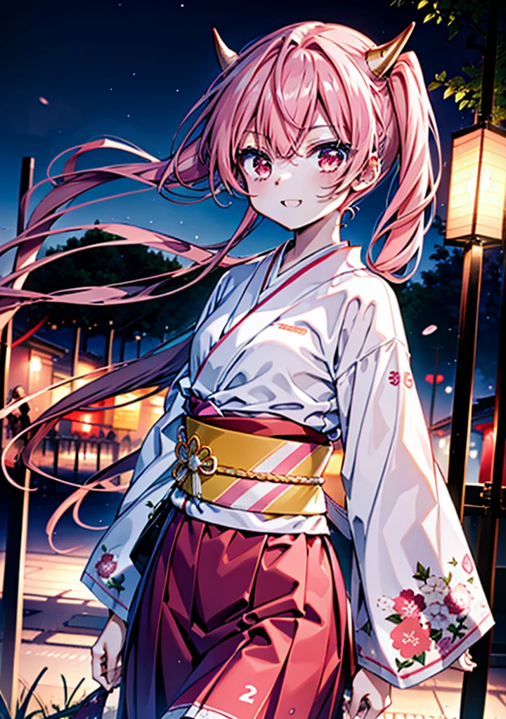 Aria h kanzaki,horn,Pink Hair,Long Hair,low 　Twin tails,小さいhorn,Red eyes,happy smile, smile, Open your mouth,pink kimono,Thick sleeves,Long skirt,日本のfestival,夏festivalの屋台,Red Lantern,night,night空のfirework,firework,場所はfirework大会,時間はnightです,sunny day,　　　　　　　　　　　　　　　  　　　　　break looking at viewer, Upper Body, (Cowboy Shot:1. 5),  　　　　　
break outdoors, festival,shrine,
break (masterpiece:1.2), Highest quality, High resolution, unity 8k wallpaper, (shape:0.8), (Beautiful attention to detail:1.6), Highly detailed face, Perfect lighting, Highly detailed CG, (Perfect hands, Perfect Anatomy),