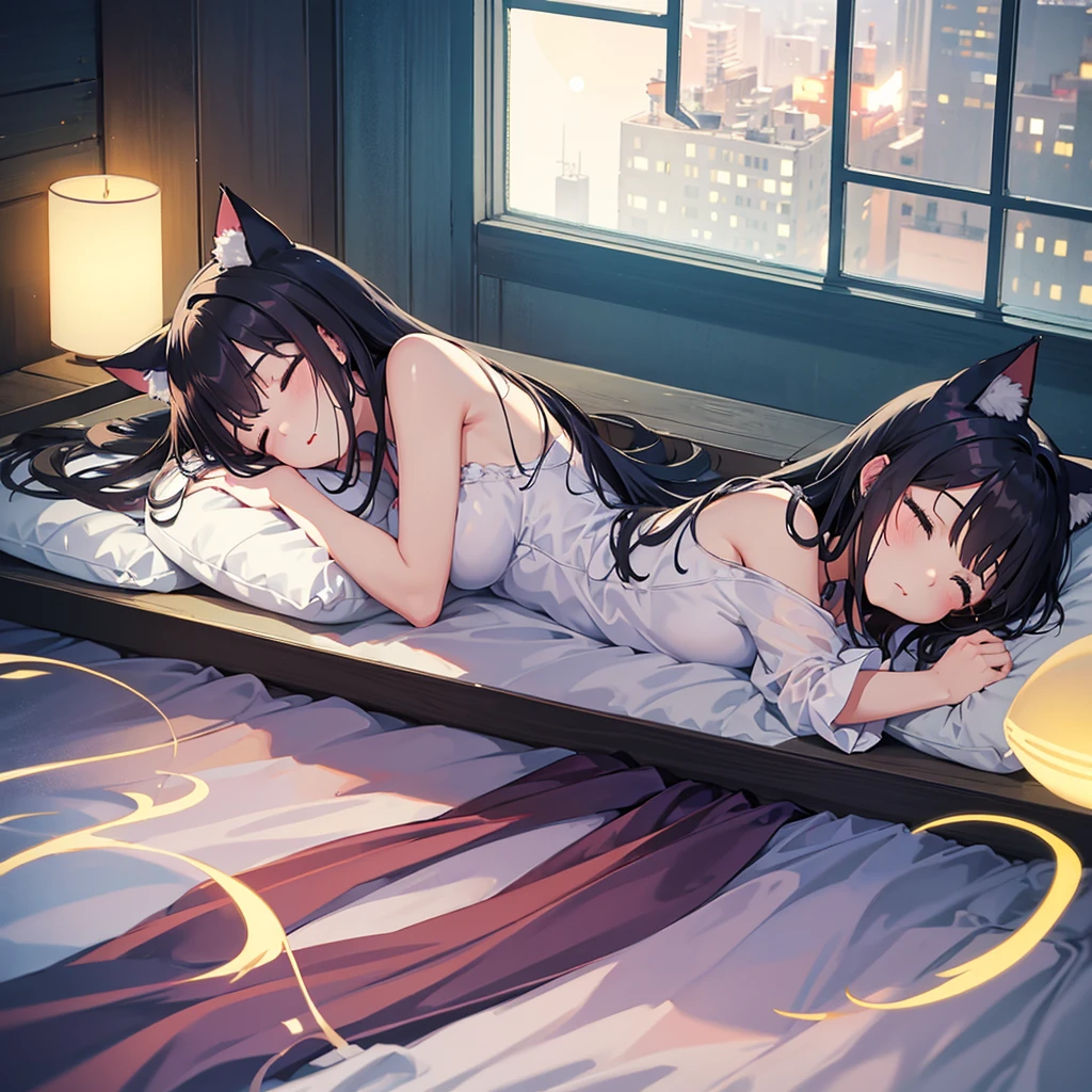 一人のCat ear girl,Close-up of face,Young Girl,Young,Lying with my whole body spread out on the soft bed,Laying my head on the pillow,Sleeping with the left side facing down,Sleeping with both eyes closed,So close you can hear me breathing,Fireworks Night, Yukata, A huge fireworks falling from the sky, visible from both windows behind me,Cat ear girl, delicate design, Bright colors, detailed character design, Soft light and shadow, Cat's Tail, Cat print yukata, Fireworks in the night sky, Face illuminated by light, Characters stand out, The background is blurred, The focus is on the characters, Sharp details, Dim light at night,Dimly lit room