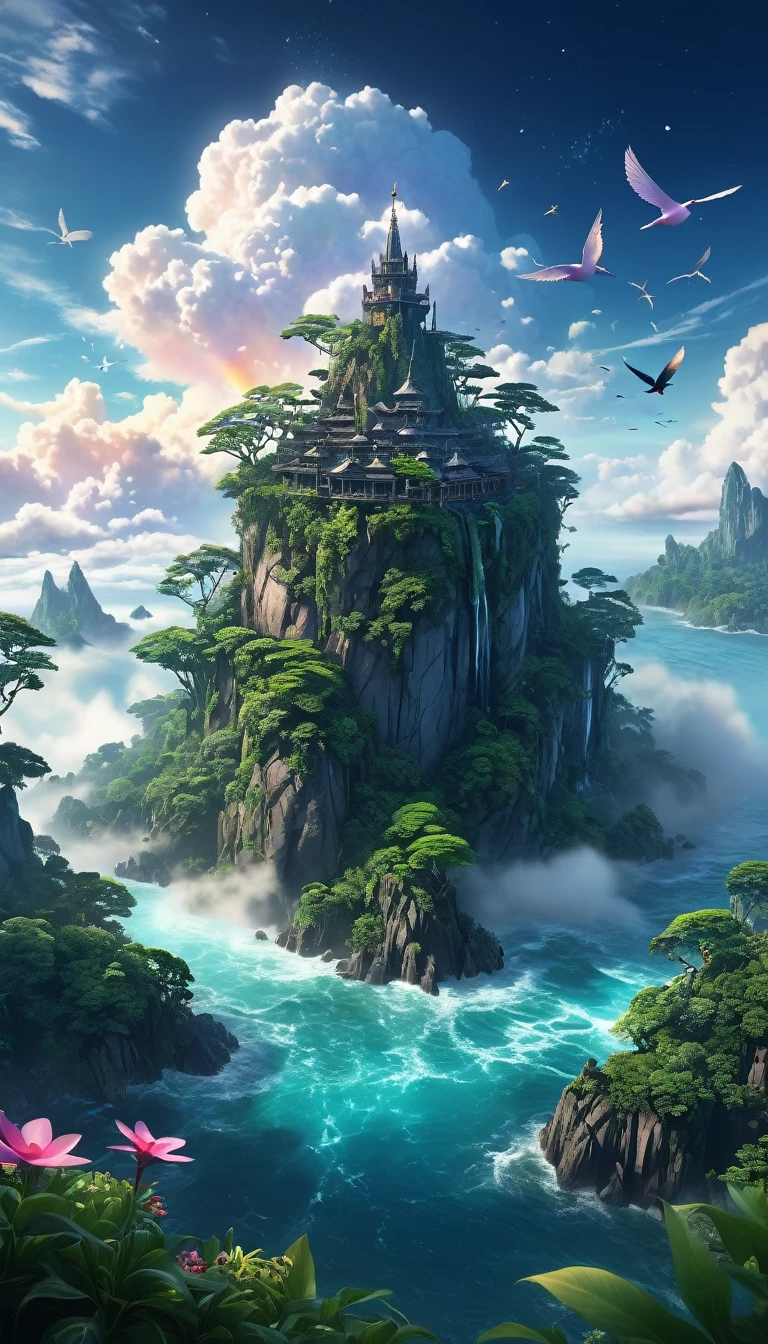 middle of an ocean，There is a mysterious island surrounded by clouds and mist，It exists only in legends and is full of mystery。Only those who are pure and sincere in heart can find this island。It has a dense primeval forest，trees towering into the sky，The tree crown seems to touch the starry sky。Scene concept anti-glare effect, All captured in sharp focus.((Masterpieces in up to 16K resolution):1.6),((soft_color_photography:)1.5), ((Super detailed):1.4),((Typical static images and dynamic angles):1.3),In the center of the island，There is a towering mountain range，The mountain tops are always shrouded in clouds and mist。Birds with wings like rainbows，There is something called「fantasy flower」plant，It is said that its petals can bring people into beautiful dreams.。is full of mystery、A place with romantic and fantasy elements。