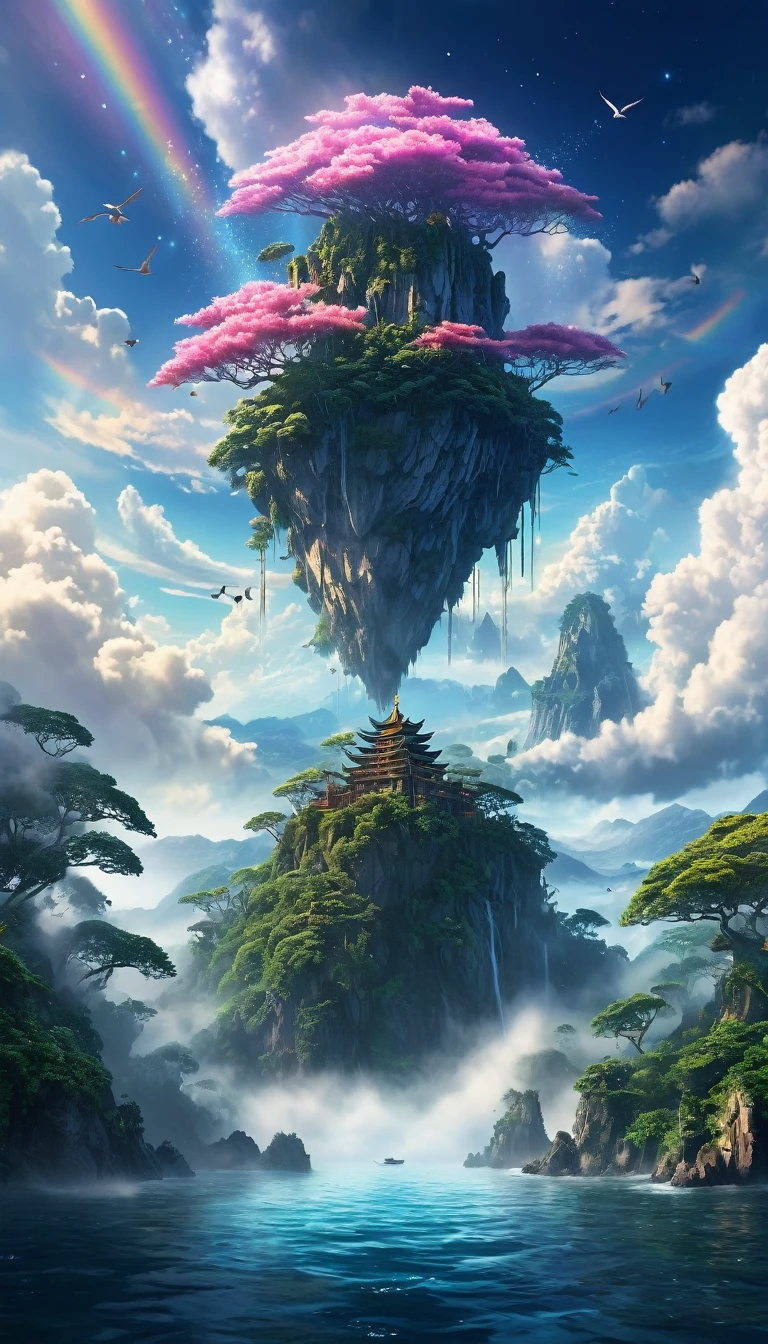 middle of an ocean，There is a mysterious island surrounded by clouds and mist，It exists only in legends and is full of mystery。Only those who are pure and sincere in heart can find this island。It has a dense primeval forest，trees towering into the sky，The tree crown seems to touch the starry sky。Scene concept anti-glare effect, All captured in sharp focus.((Masterpieces in up to 16K resolution):1.6),((soft_color_photography:)1.5), ((Super detailed):1.4),((Typical static images and dynamic angles):1.3),In the center of the island，There is a towering mountain range，The mountain tops are always shrouded in clouds and mist。Birds with wings like rainbows，There is something called「fantasy flower」plant，It is said that its petals can bring people into beautiful dreams.。is full of mystery、A place with romantic and fantasy elements。