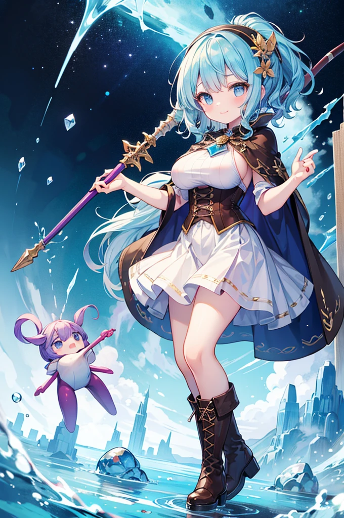 Fantasy,((Masterpiece)),((high resolution)),((Best Quality)),Anime illustration,((1girl)),(wavy hair),(short hair),(pale blue hair color),small ponytail,headband,Indigo eyes,(Big round eyes),((tareme)),,((baby face)),ig breasts))),Short stature,Young,(loli),,ice wizard,sleeless white blouse,Blue mini skirt,slit,Brown corset,brown capelet,smile,,Brown long boots,wizard's wand with blue gem,