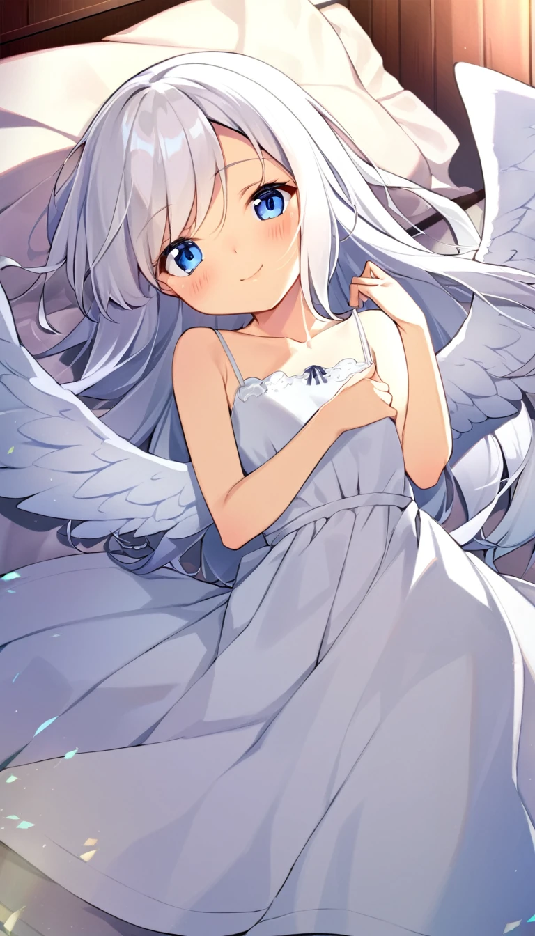 one girl, angel, angel wing, angel ring, cute, naive, 13 years old, beautiful, light blue eyes, white dress, blush, white hair, look at me, happily, lying on bed