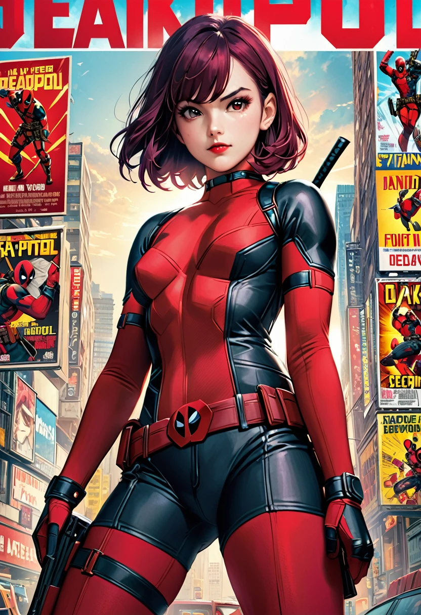 (masterpiece, best quality,ultra highres), (movie poster art,title of "deadpool"),In the center of the poster, girl is posing,(,(darkblue wavy-short hair),thick eyebrows,middle small breasts),(wearing "deadpool" costume),