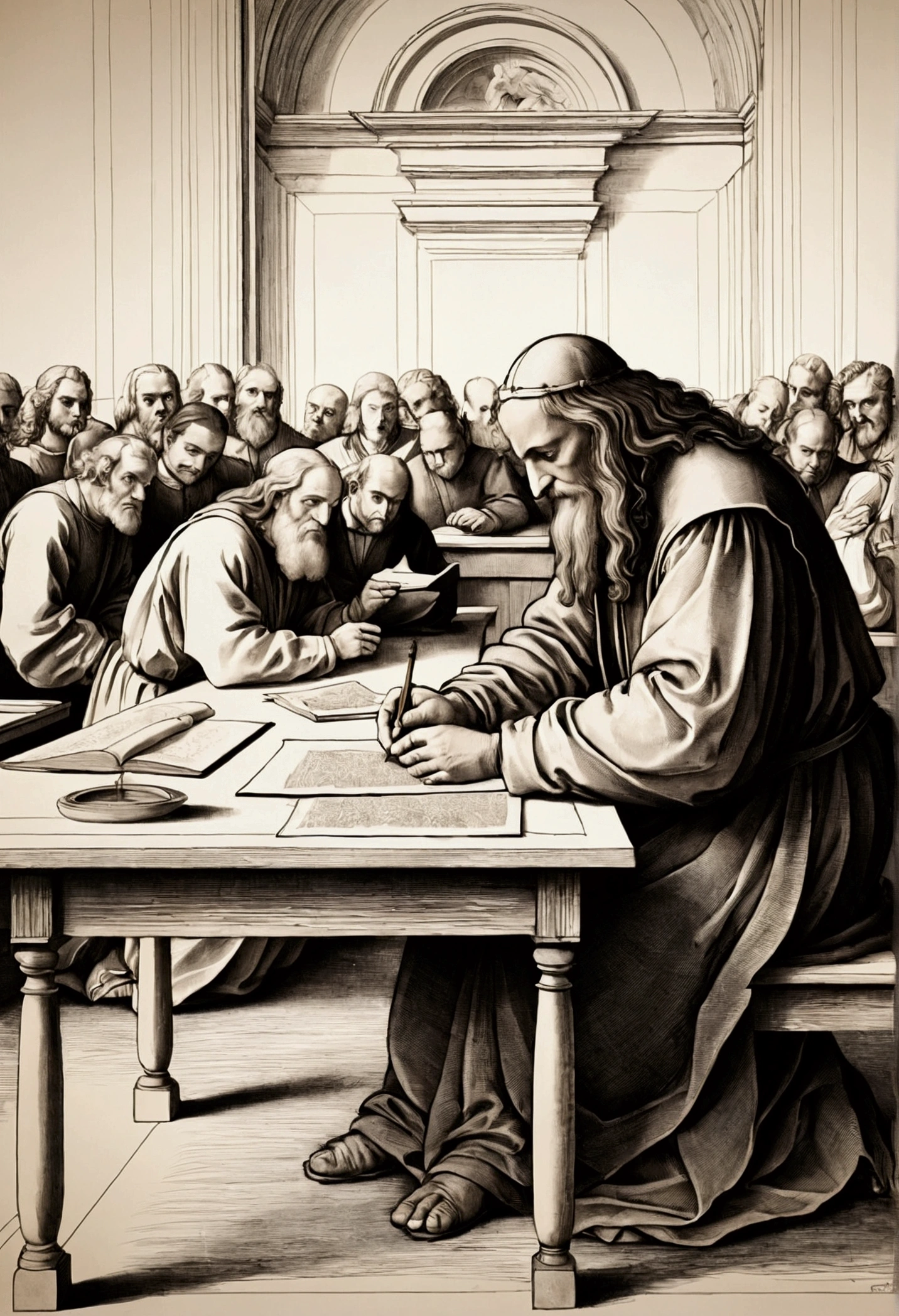 pastor writing a letter on his desk, by leonardo da vinci, complex scene, opening scene, painted image, , courtroom drawing, stylized digital illustration, accurate depiction, praying, full - view, many people worshipping, rendering