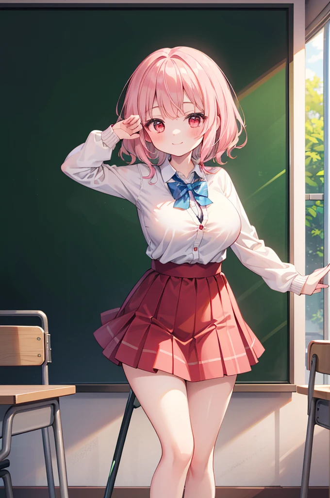 Fantasy,((Masterpiece)),((high resolution)),((Best Quality)),Anime illustration,(((1girl))),,(wavy hair),(short hair),(pale pink hair color),small ponytail,Red eyes,(Big round eyes),((tareme)),12 years old,((loli face)),((very big breasts)),Short stature,Young,,,cardigan,mini skirt,smile,Ladylike,classroom,