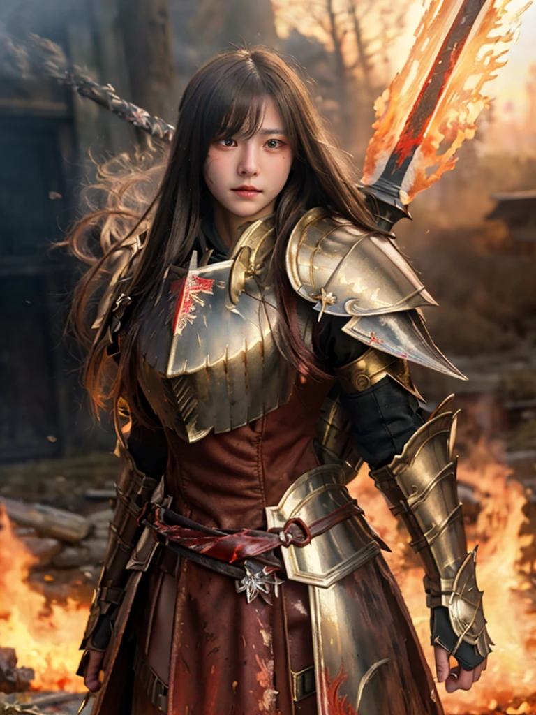 (((Realistic, masterpiece, best quality, crisp detail, high definition, high detail))), 17 years old girl wearing golden armor, japan style heavy armor, full body armor, long straight white hair, sweating, bloodstained, bloodbath, carnage, holding japan fire sword, in epic war, fire and smoke everywhere, death anywhere