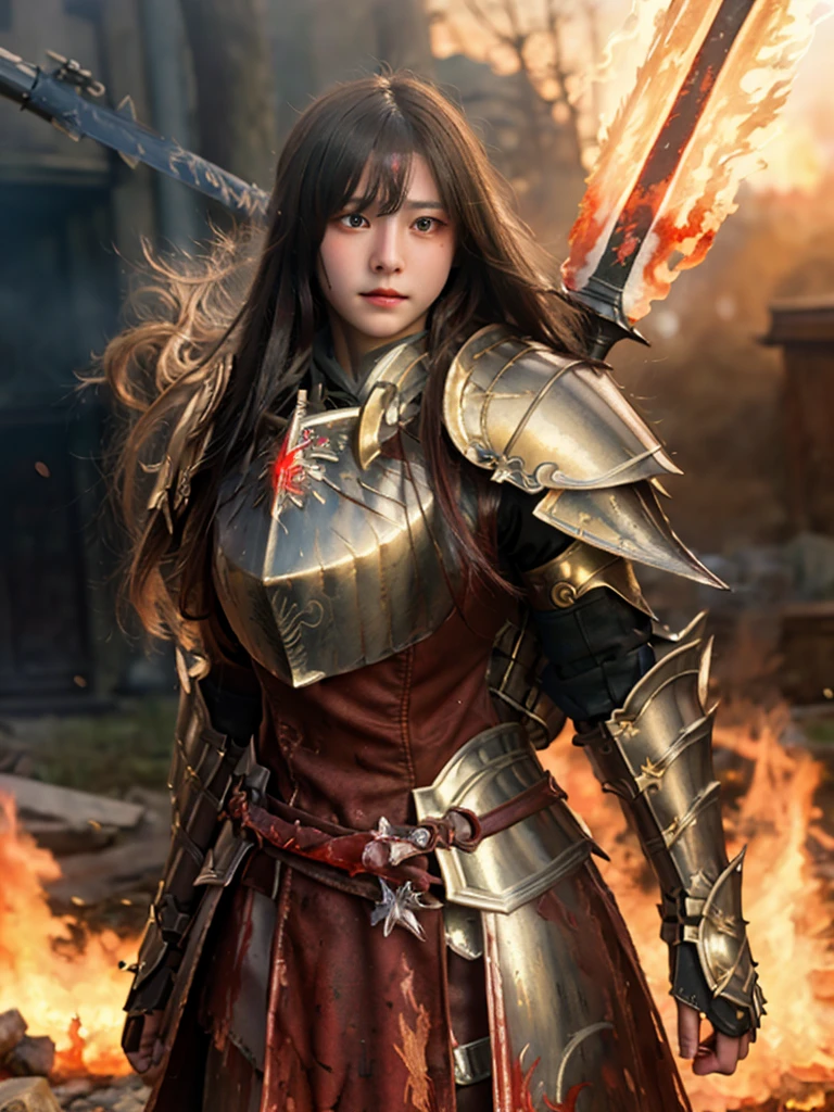 (((Realistic, masterpiece, best quality, crisp detail, high definition, high detail))), 17 years old girl wearing golden armor, japan style heavy armor, full body armor, long straight white hair, sweating, bloodstained, bloodbath, carnage, holding japan fire sword, in epic war, fire and smoke everywhere, death anywhere
