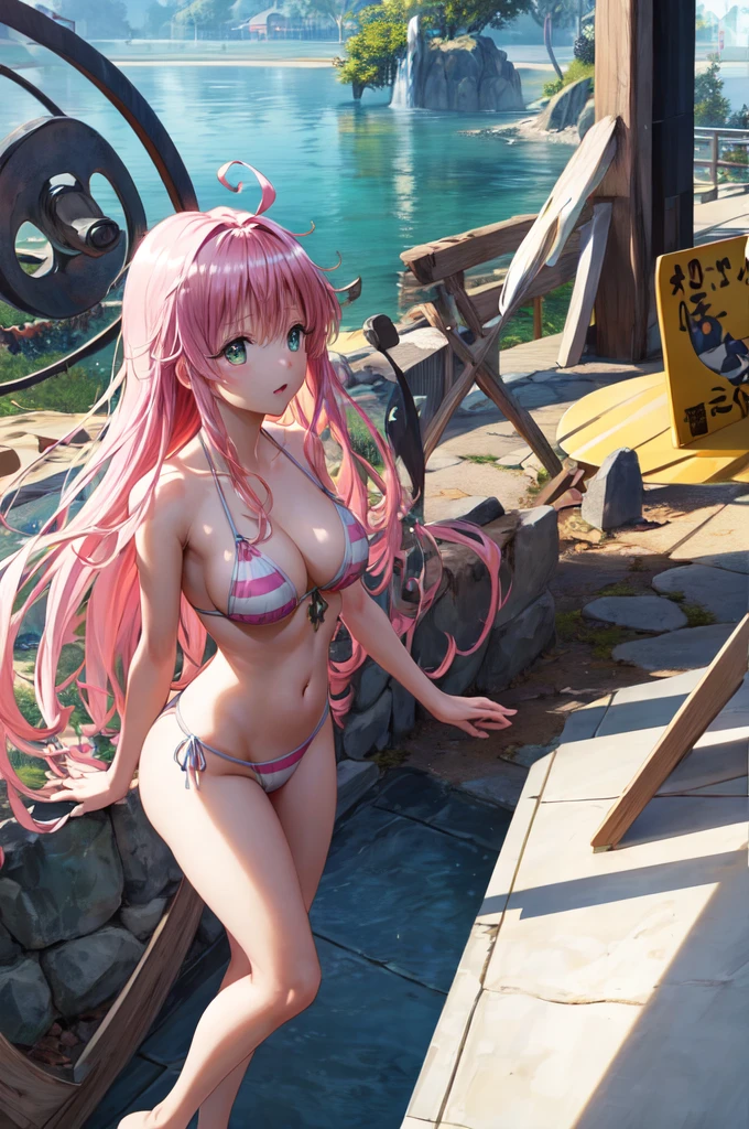 (masterpiece),(Highest quality)、(Very detailed)、(Very detailedなCG)、(Very delicate),(Perfect lighting),(8k)、(Dynamic Angle)、(Clear images)、Vibrant colors, woman、masterpiece、Highest quality、Written boundary depth、Cinema Lighting、masterpiece、Highest quality、Very detailed、colorful、Vibrant、Large Breasts、Thighature woman、alone、(masterpiece、Highest quality、High resolution、Anime Screen Capture、Anime Color)、(Perfect Anatomy、Beautiful attention to detail、Beautiful detail body、Beautiful breasts、Shiny)、Sexy mature anime woman standing outside in aswimsuit、((bikini))、performer、look up、Side bangs、Pink Hair、The eyes are round、Long Hair、Side bangs、Large Breasts、Large Breasts、Large Breasts、woman on top