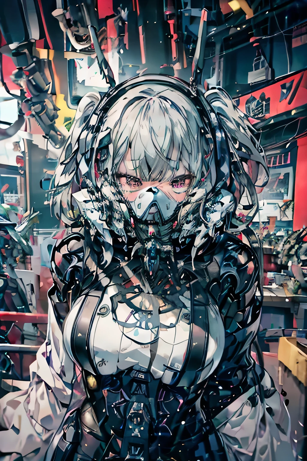 a young girl cyberpunk mechanical parts, large breasts, cockpit, latex, mask, ahegao face, painful expression, violated by machinery, climax, ecstasy, high quality, maniacal grin, intricate details, advanced technology, neon lights, dark futuristic setting, cinematic lighting, photorealistic, 8k, best quality, masterpiece