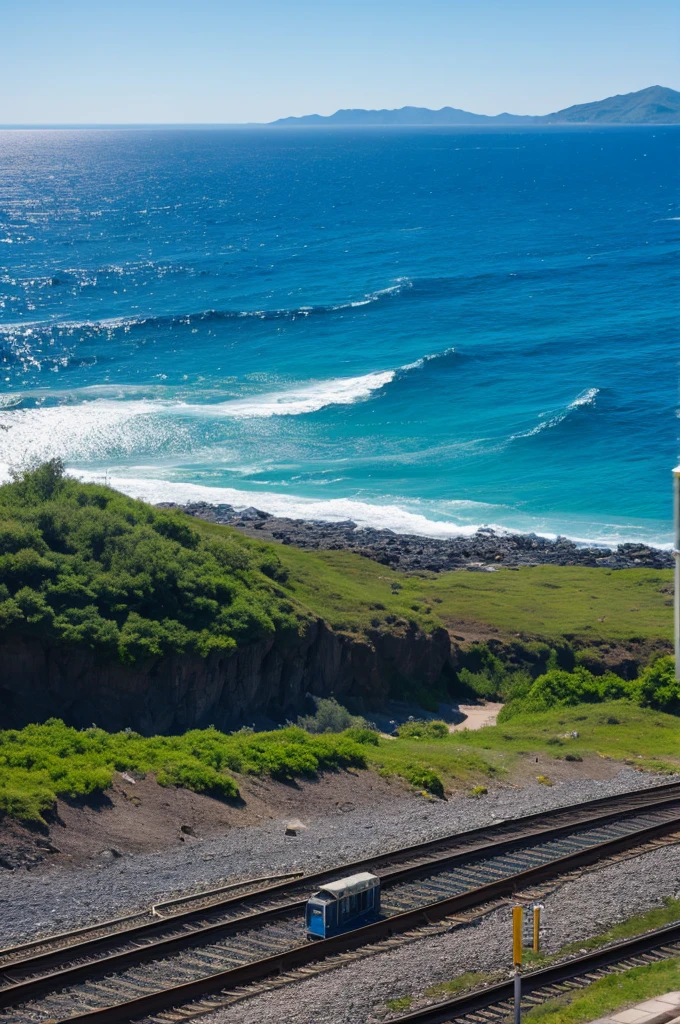 The blue sea spreads out from the train window.
