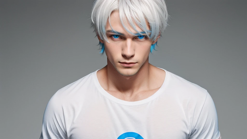 Generate an image of a boy with blue eyes and white hair and with black tshirt