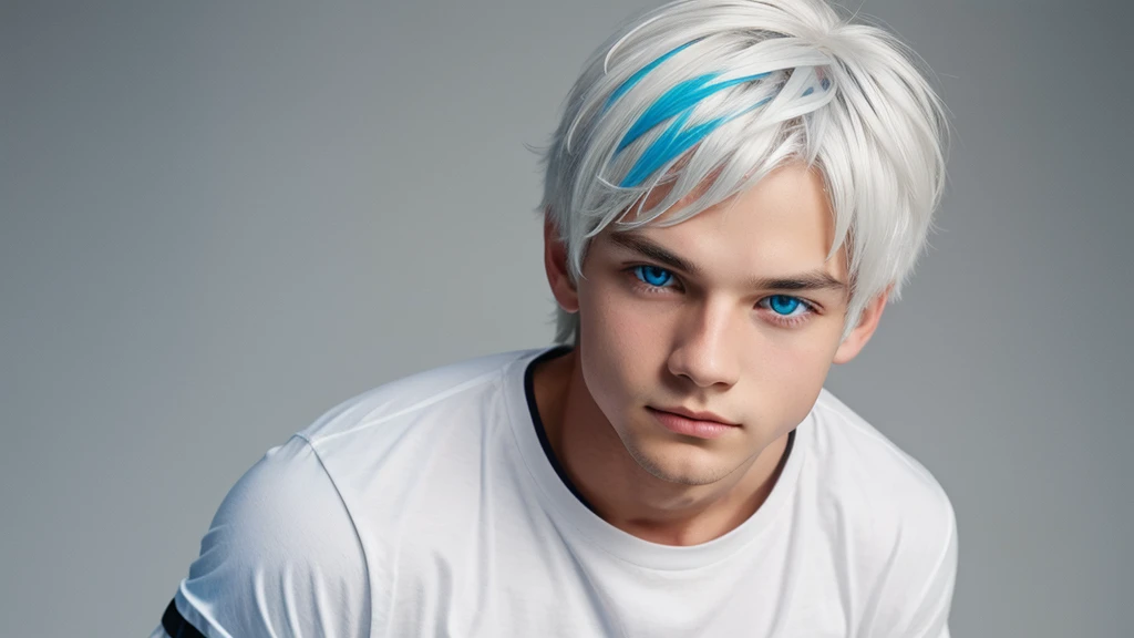 Generate an image of a boy with blue eyes and white hair and with black tshirt
