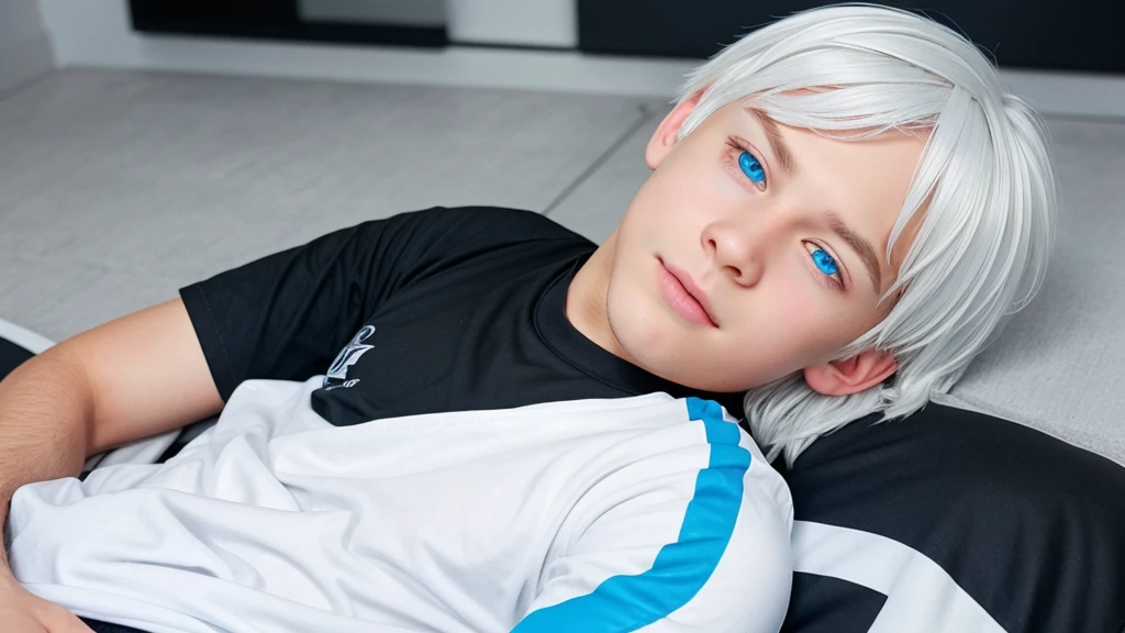 Generate an image of a boy with blue eyes and white hair and with black tshirt 