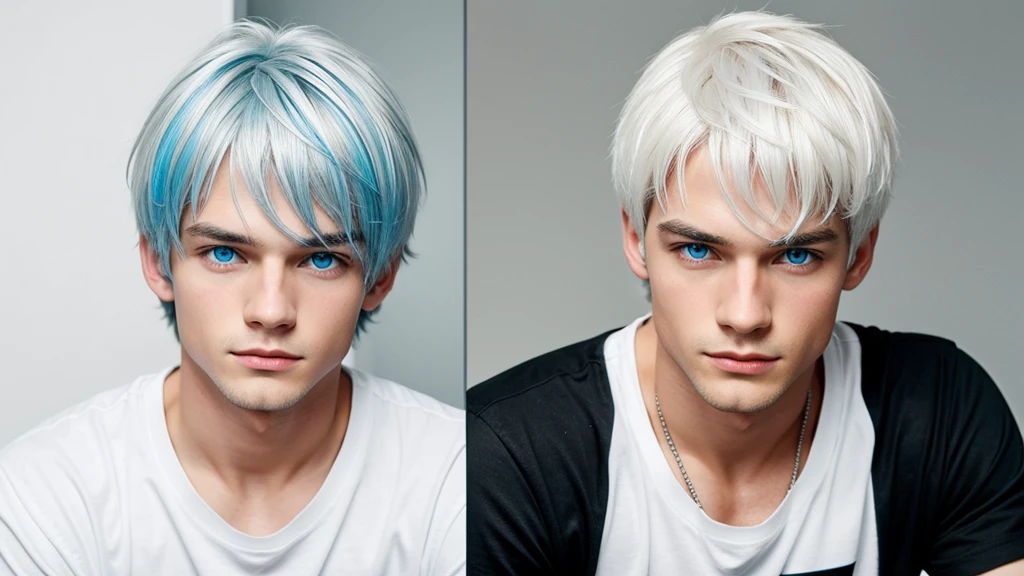 Generate an image of a boy with blue eyes and white hair and with black tshirt