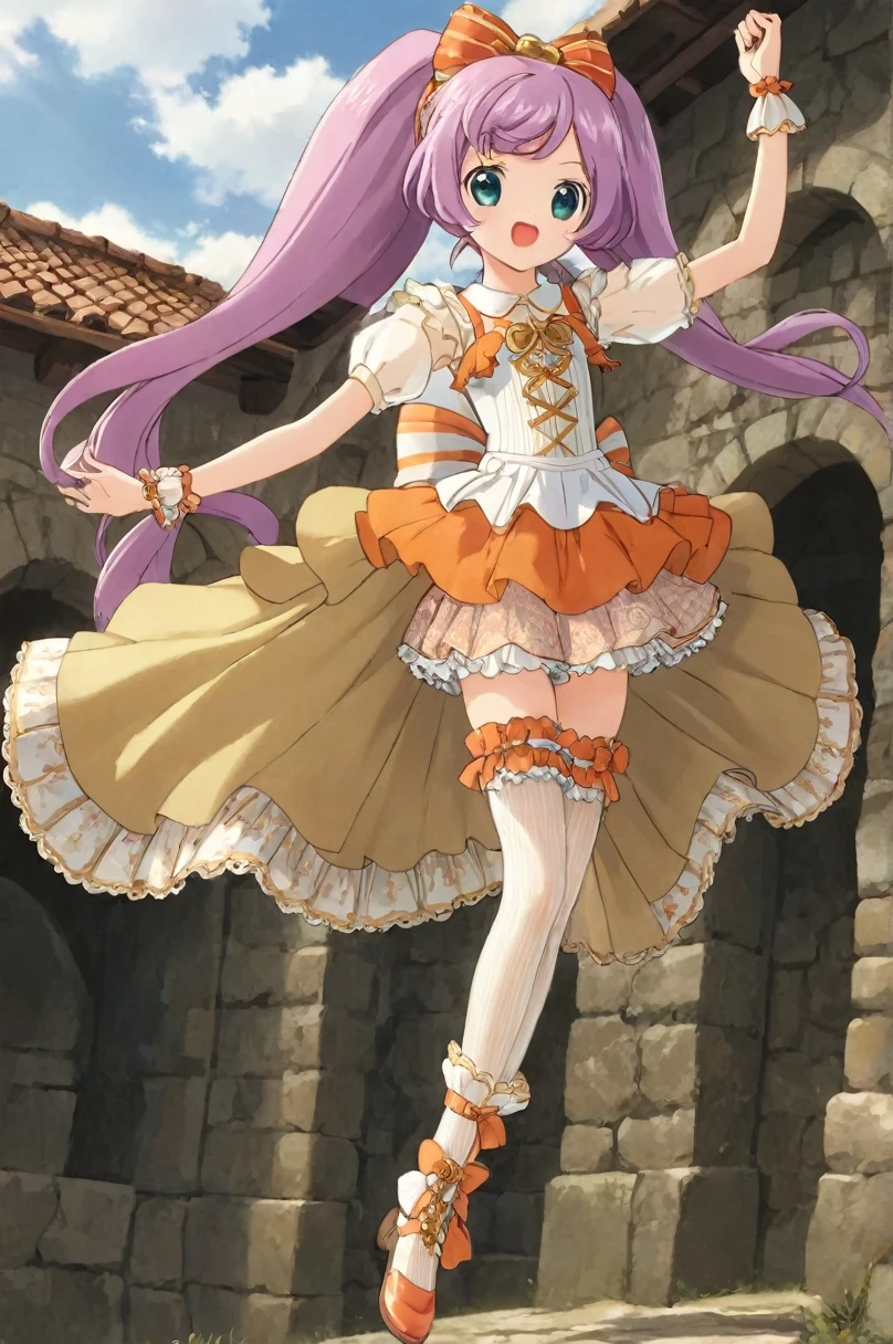  girl underwear, Rara Manaka、Realistic bloomers made from patterned cotton fabric, Medieval one-piece dress with panniers, Fabric Realism, Low - Angle, I see bloomers, Pull up the dress by hand, Strong winds, Translucent slip, Translucent slip, tights, Highest quality, whole body