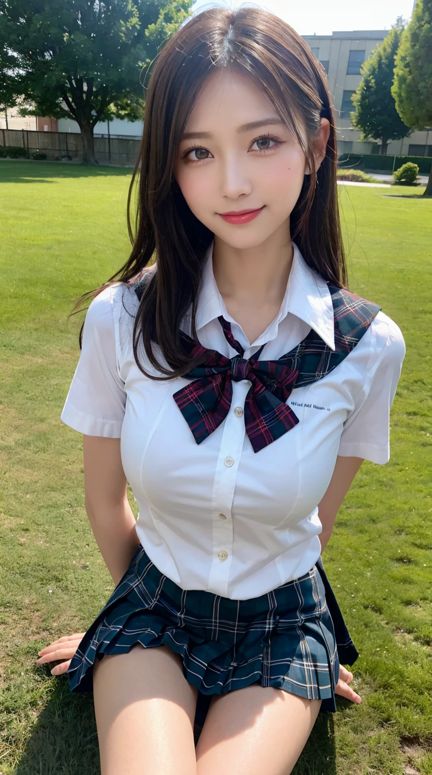 highest quality、8k、best image quality、Award-winning work), two beautiful women、1 lady, radiant beautiful skin , masterpiece、top-quality、The ultra -The high-definition、depth of fields、lens flare ,、brown hair, large breasts, watching at viewers glares, large breasts ,perfect legs, model pose, view from below, smiling , cleavage,
(School uniform, , micro mini Pleated tartan skirt:1.3)
