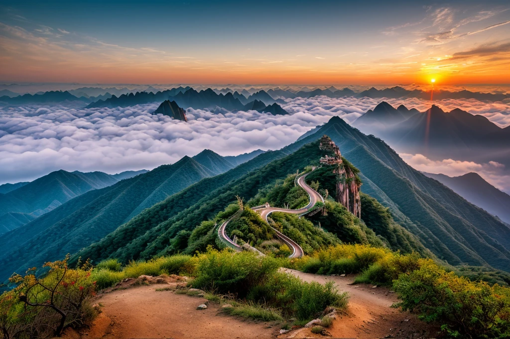 Huangshan Tiandu Peak,Sunset,Warm colors,Sea of Clouds,Ultra wide angle,ultra depth of field,Texture,National Geographic Award-winning work