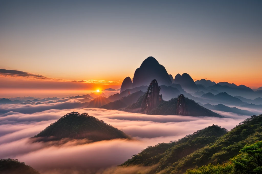 Huangshan Tiandu Peak,Sunset,Warm colors,Sea of Clouds,Ultra wide angle,ultra depth of field,Texture,National Geographic Award-winning work