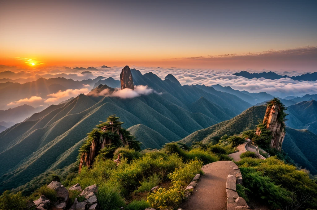 Huangshan Tiandu Peak，Sunset，Warm colors，Sea of Clouds，Ultra wide angle，ultra depth of field，Texture，National Geographic Award-winning work