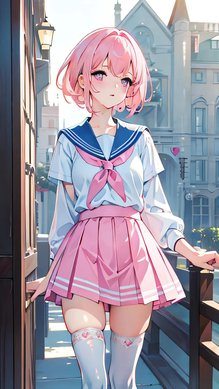 A beautiful young girl with short pink hair, wearing a white thigh-high socks, pink eyes, and a blue sailor uniform, standing confidently in a town square, (best quality,4k,8k,highres,masterpiece:1.2),ultra-detailed,(realistic,photorealistic,photo-realistic:1.37),1girl,extremely detailed eyes and face,dynamic pose,vibrant colors,soft lighting,town square,architecture,detailed environment,ornate details,pink hair,blue sailor uniform,white thigh-high socks,pink ieyesenergetic