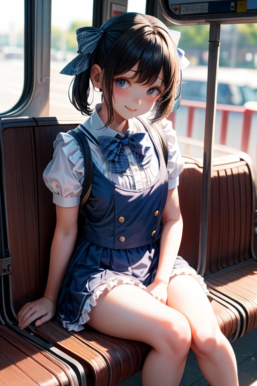 Two girls sitting on a bus bench,A short-sleeved white sailor leotard with blue frills,Checkered bow tie,school bag,18-year-old,bangs,A small smile,Big Bare Thighs,knees,Spread your legs,Short hair with low pigtails,From below,Front light