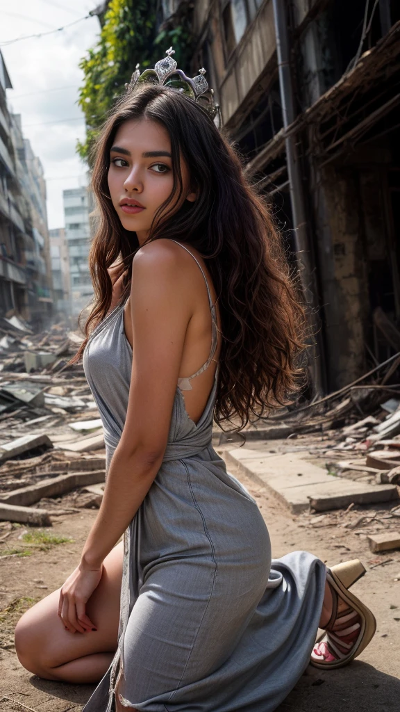 A beautiful European women, queen, kneeling, full body, wearing torn dress, long dress, crown, grey sky, Post-Apocalyptic city, lianas, trees, vines. She is 24 years old, has black hair, long hair, curly hair and black eyes. Her cloth is stylish and her overall appearance is stunning. The girl's face is extremely detailed with beautifully detailed lips. Her skin is anatomically correct with realistic textures. The image should have super high details and be of the best quality, with a resolution of 8K. The final result should be a masterpiece, showcasing the girl's beauty and the vibrant atmosphere of The destroyed Post-Apocalyptic city, trees and vines