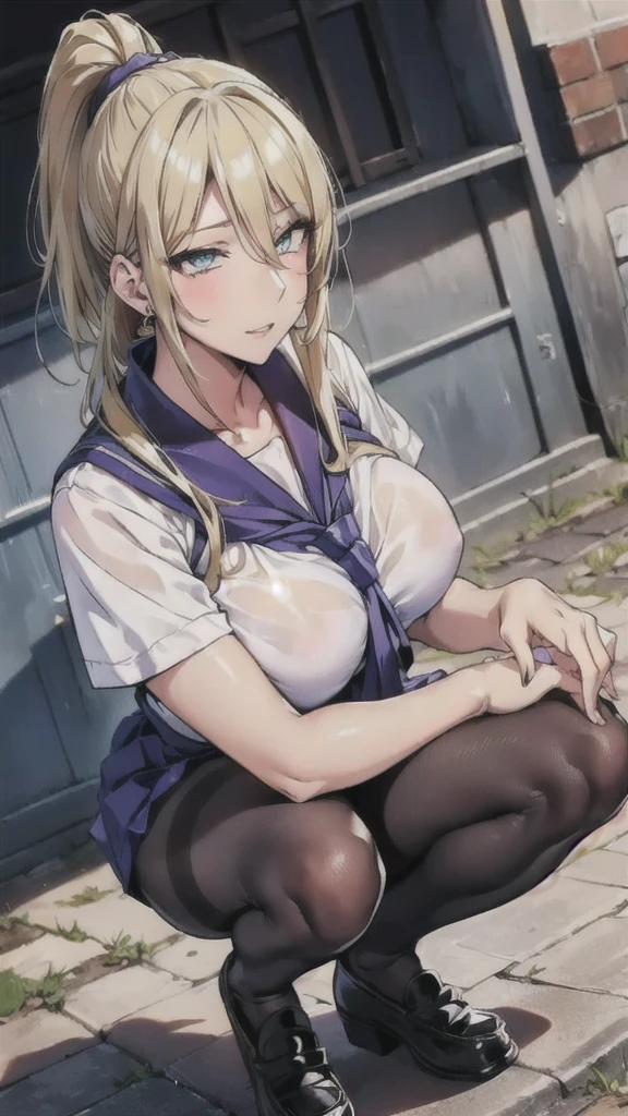 ((Correct Anatomy)),(Female student),((school uniform)),((Sailor suit)),((Lace panties)),(Mini Pleated Skirt),(((Black Pantyhose)),((squat)),Ultra-high resolution,Mature Woman, Mature Woman, Very detailed,Perfect hands, Detailed fingers, Beautiful details, ((Long blonde hair)),((ponytail)),loafers,Earrings,Embarrassing,Perfect Eyes, Captivating eyes