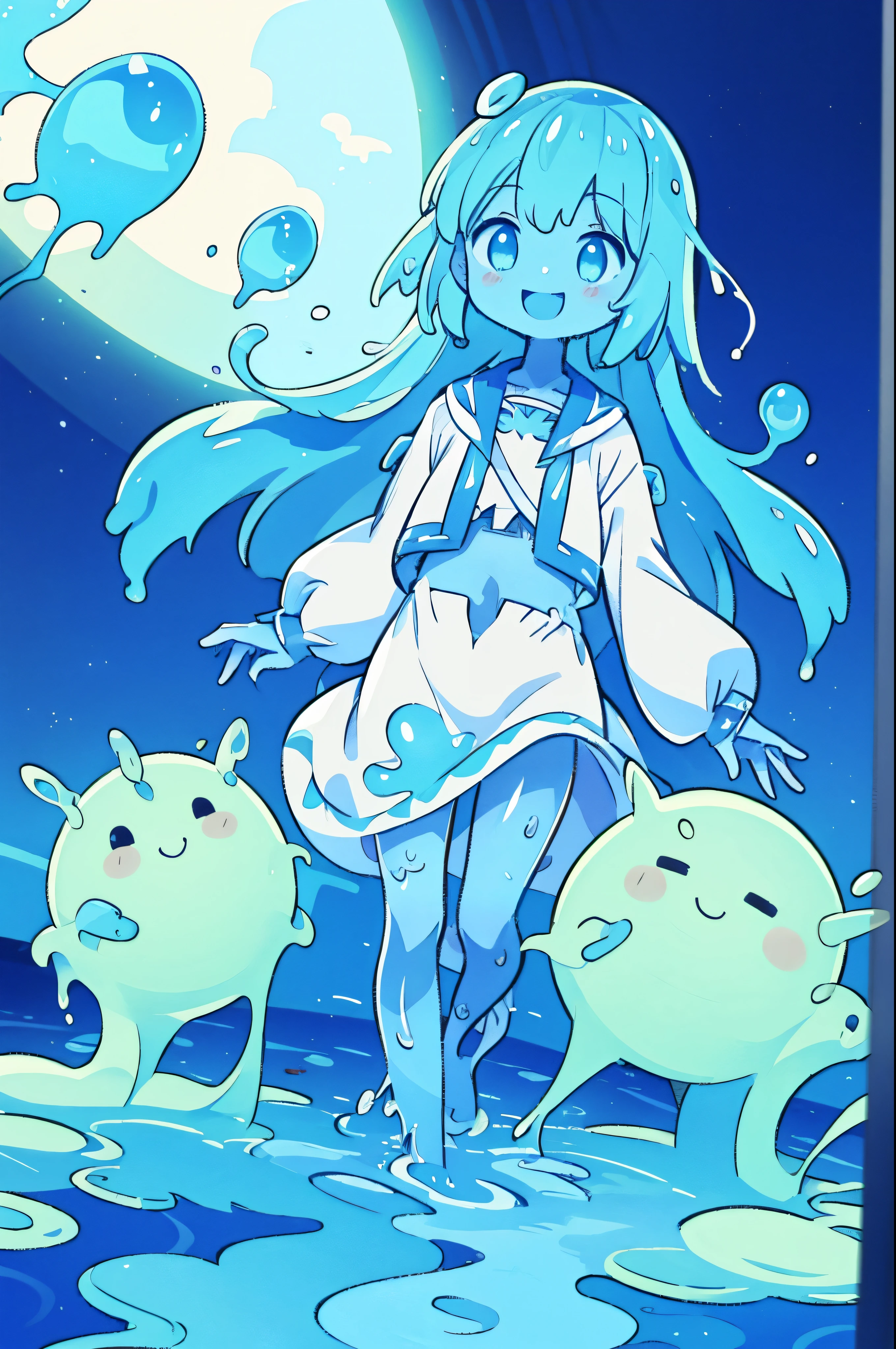 Slime Girl, Semi-liquid, Smiling, having clothes are worn, Light blue body