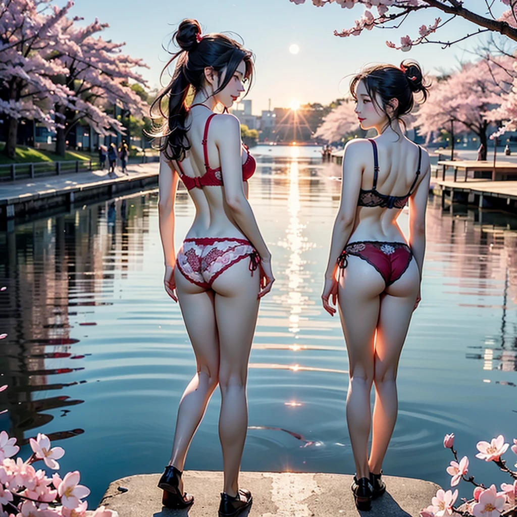 (8k,RAW Photos、RAW Photos、Highest quality、Masterpiece:1.2)、Ultra-detailed、Super Resolution、The most beautiful cherry trees in the world、(Photorealistic:1.3)、((Cherry blossoms shining on the surface of the water))、((Reality and cherry blossoms reflected on the surface of the water.))、Cute pose、Sakura Park at sunset、The end of cherry blossoms、Cherry blossoms flutter、Cherry blossoms soaring in the sky、The Sunset Sun、Amazing sunset、Crimson Sky、High-resolution RAW color photos、Professional photography、Same skin type as humans、Japan female proofreading from head to waist、Blur the background、Drawing faithful to anatomy、The correct number of fingers、（Very beautiful and elaborate cherry blossom tree at night 1:1.37）((Cherry blossoms fluttering in the wind))、full moon、Very detailed and beautiful、Ultra HD、Half-up hairstyle、Hair Bun、ponytail、High school girl in sailor suit、（Plump Cheeks）Uniforms with attention to detail、Each face has its own unique features、Different face patterns、color々Hairstyle、夜風になびく茶colorの髪、Her hair is swinging and sexy、Very detailed beautiful girl、（Pink Eyeshadow）、Red tie((((Panties and bra are visible)))) ((((Angle from behind))))  ((((Emphasize cleavage))))
((((Full body photo))))
