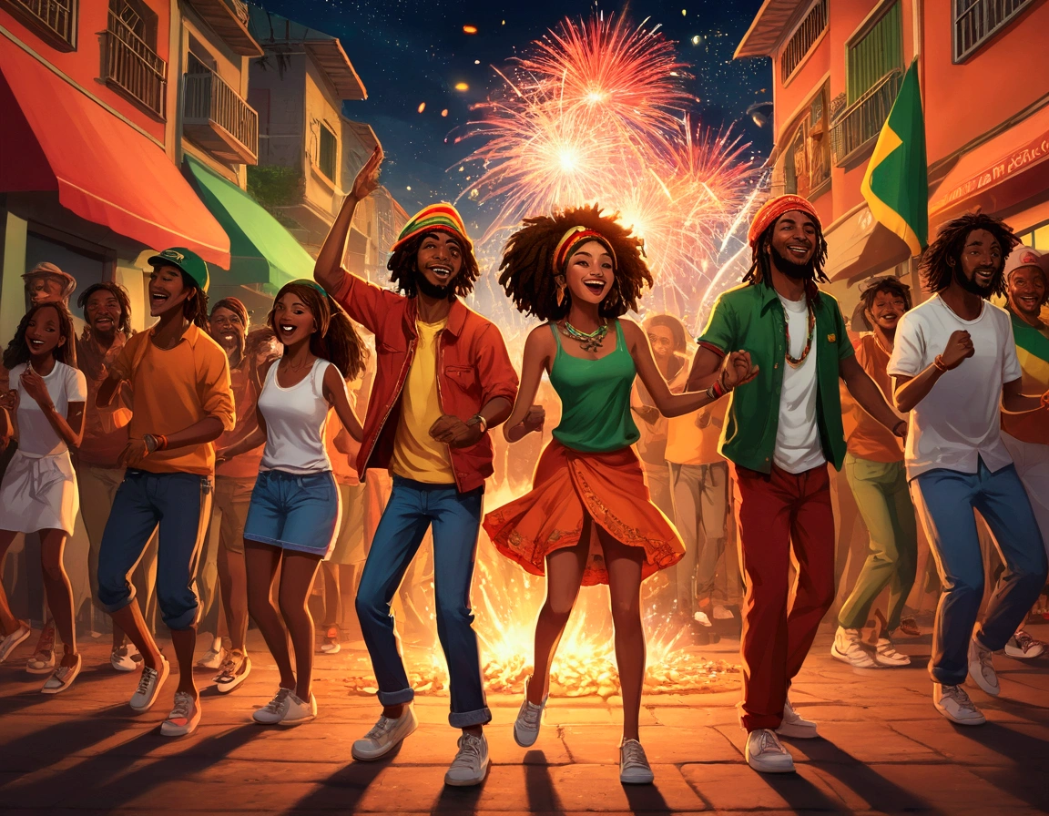 2D illustration, anime, Manga style ,street. Juana , orange, red, firework, Bonfire, South American Festivals, 4K, Illuminated, streetarry Night, street. Juana Brazilian people dancing, sound, sound楽グループ, Dancing Reggae, Jamaican sound system culture style . Everyone is happy, Reggae Band, Enthusiasm,