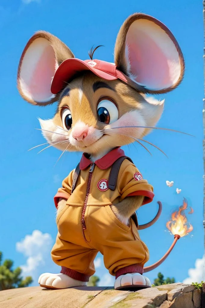 A cartoon mouse with a flaming tail