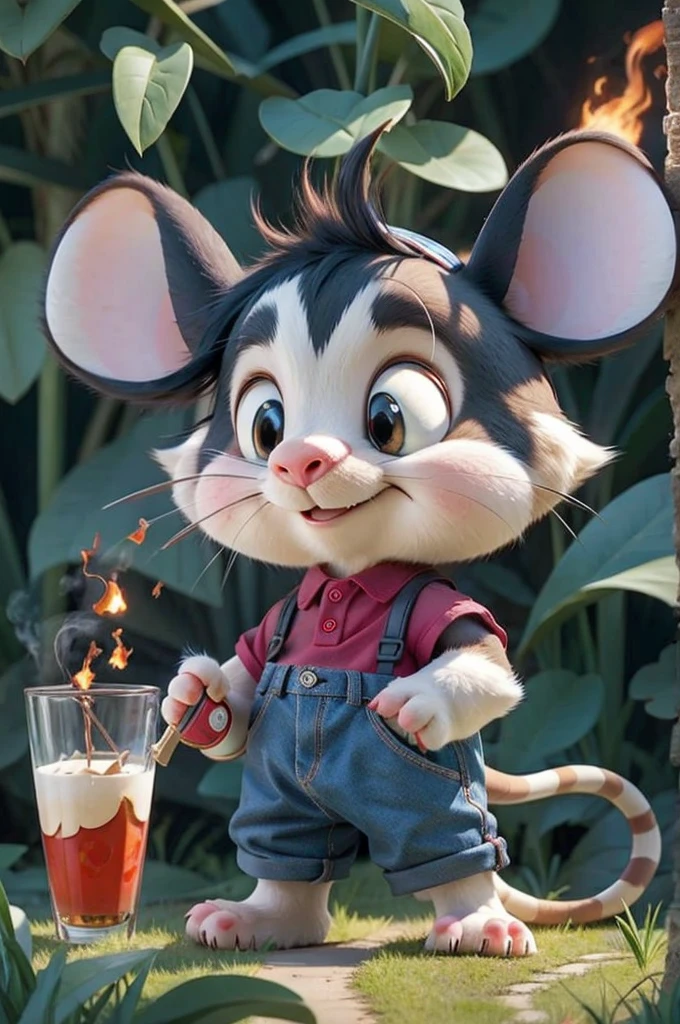 A cartoon mouse with a flaming tail