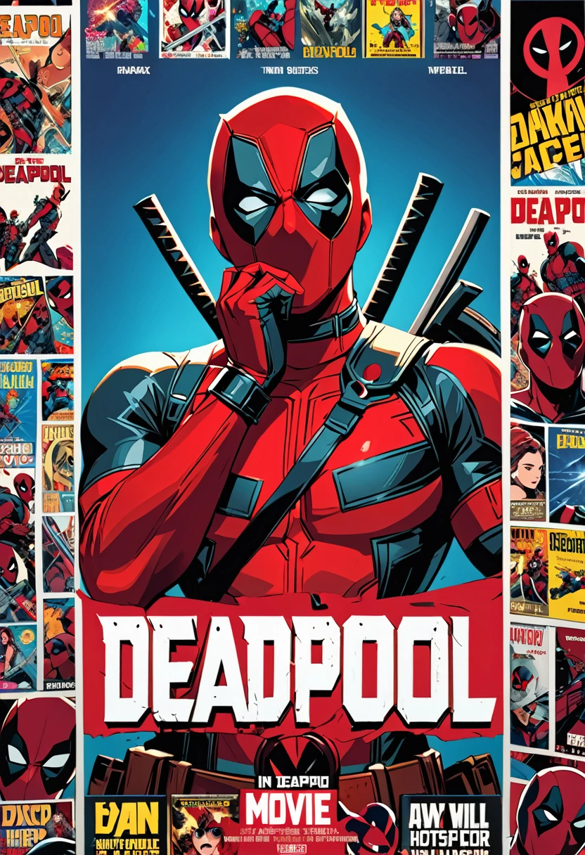 (masterpiece, best quality,ultra highres), (movie poster art,title  of "deadpool"),In the center of the poster, girl is posing,(16yo,(darkblue wavy-short hair),thick eyebrows,middle small breasts),(wearing "deadpool" costume),