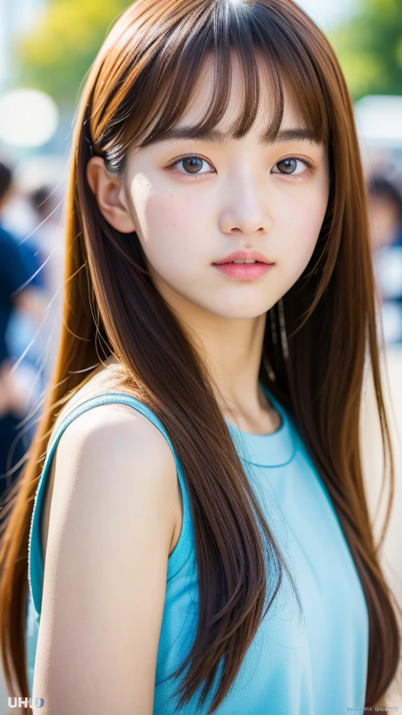 (best quality, 8k, 32k, masterpiece, UHD:1.2), ultra high resolution, (pretty a Korean  girl), 13 years ol detailed eyes, semi long brown hair, bangs, portrait, crowded city boulevard on a bright sunny day