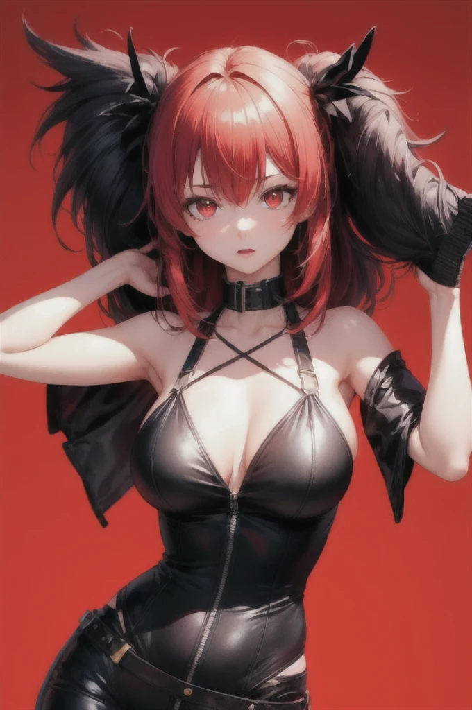 score_9, score_8_above, score_7_above, score_6_above, score_5_above, score_4_above, r3dgl0w, Red eyes, Red background, 1 girl, Dark, Red hair, sexy clothes