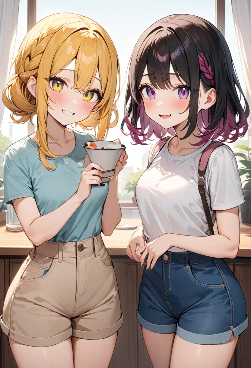 (masterpiece, top quality, very aesthetic, 4k、illustration), intricate detail, 2girls,Standing 、(cowboy shot)、Randomsmile、()、,
Cute 、Random Hair Color、,middle hair,sidelock ,Random eyes Color、Casual attire、small breasts、Slim 、