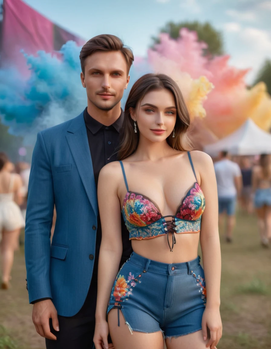 a couple dressed in stylish festival outfits, standing close together and smiling. They are outdoors, possibly at a music festival, with a lively and colorful background. The woman is wearing a bohemian-style dress with floral patterns, while the man is in casual attire with a hat, hats is important. The overall vibe is cheerful and festive, capturing a moment of joy and togetherness, In this breathtakingly realistic scene, a stunning 20-year-old Ukrainian girl and her athletic boyfriend Artur, early 30's, stand together in a ravishing outdoor setting. The girl, wearing an exquisite Mesh Sequins Lace up Tube Top & Mini Skirt Coord Set, gazes directly at the viewer with soft, beautiful eyes exhibiting perfect symmetry. Her silky black hair cascades down her back like a waterfall of night. Artur, donning denim shorts and matching attire, lifts his partner in his arms, capturing their joyful mood as they pose together. The rave festival backdrop features volumetric fog and tonalism, drawing the viewer's attention to the couple's breathtakingly photorealistic figures. The girl's pear-shaped body is showcased in all its glory, her white skin glowing beneath a stunning designer clothes ensemble. Her makeup is flawless, accentuating her medium breasts, tall stature, and luscious butt. The Ukrainian beauty's black locks flow like night as she and Artur stand united, their eyes locked on the viewer. This ultra-realistic masterpiece, rendered in 4K/8K HDR, showcases the couple in a professional-grade, high-budget setting that rivals cinematic excellence, both looking at viewer.