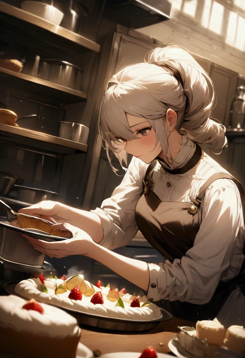 A patissier working hard to make a cake, High resolution,Highest quality,