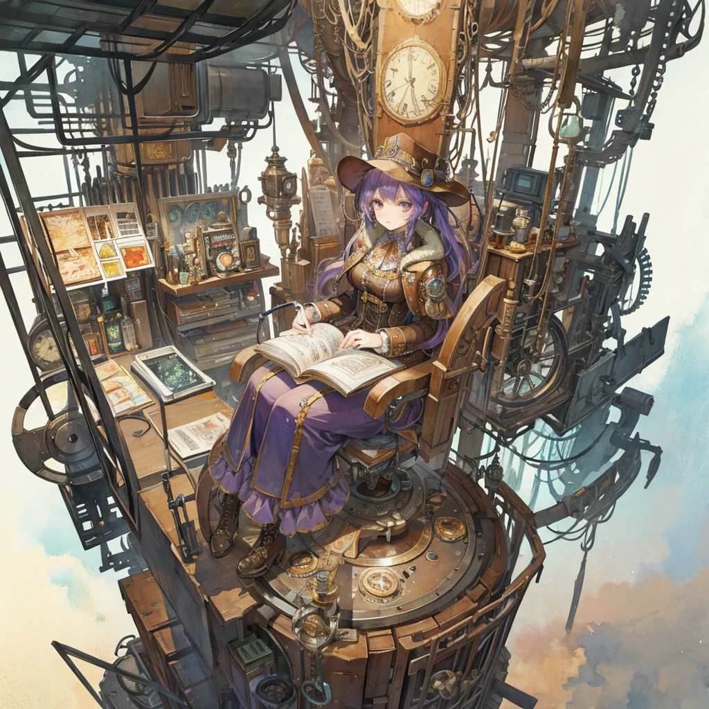 Steampunk grandma sitting in a giant machine, steampunk, watercolor style, watercolor pencils, paper texture
