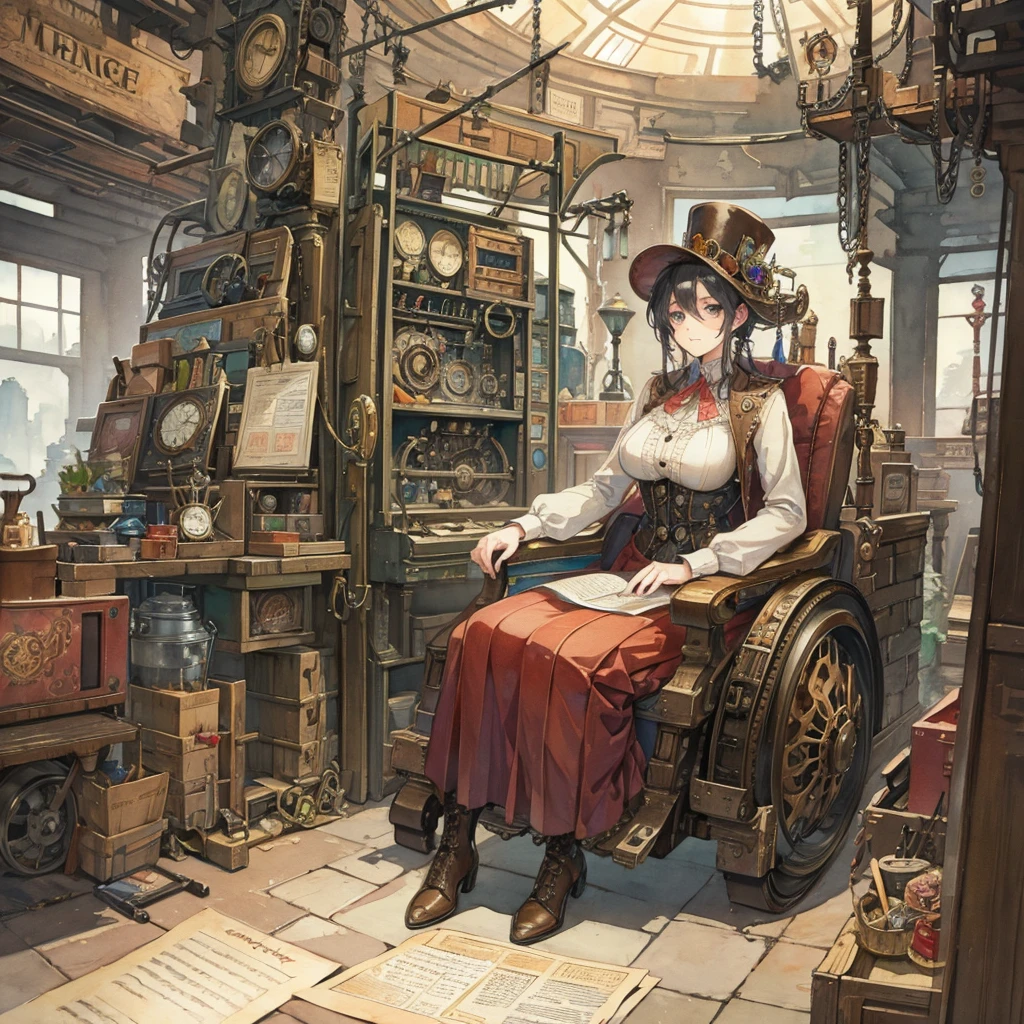 Steampunk grandma sitting in a giant machine, steampunk, watercolor style, watercolor pencils, paper texture
