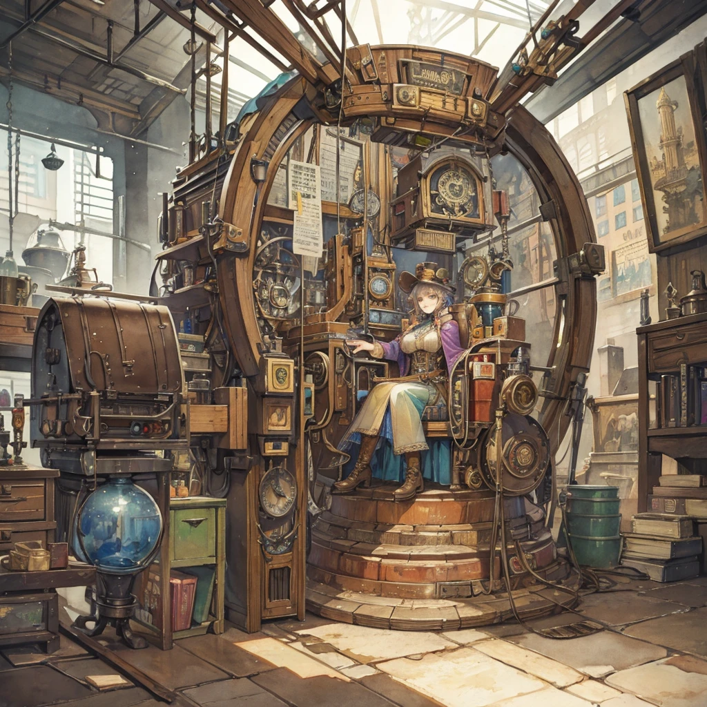 Steampunk grandma sitting in a giant machine, steampunk, watercolor style, watercolor pencils, paper texture