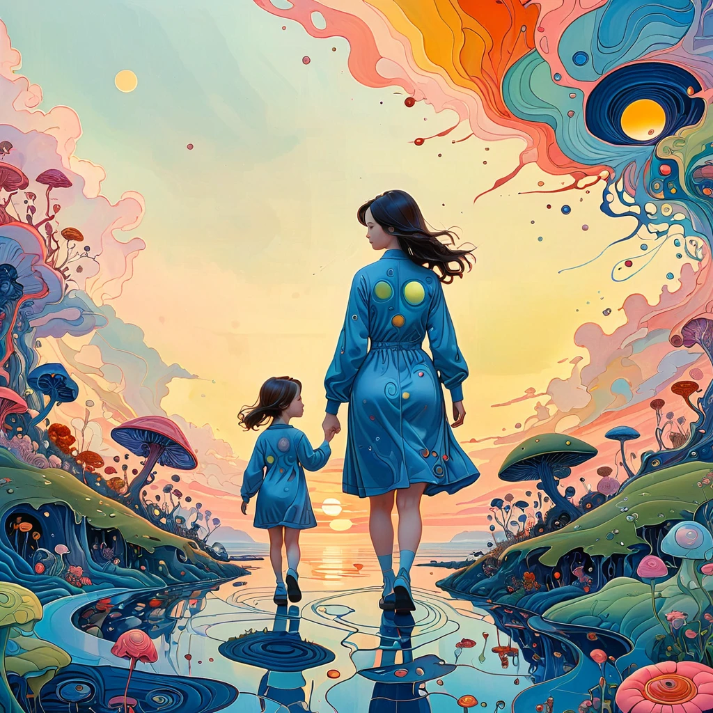 (((James Jean Styles:1.5))),microorganism、Mother walking with her daughter at sunset,Stitching an abstract painting,Describing the inner world of autistic people,Sense of space,blank space,interesting,innocence,psychedelic art